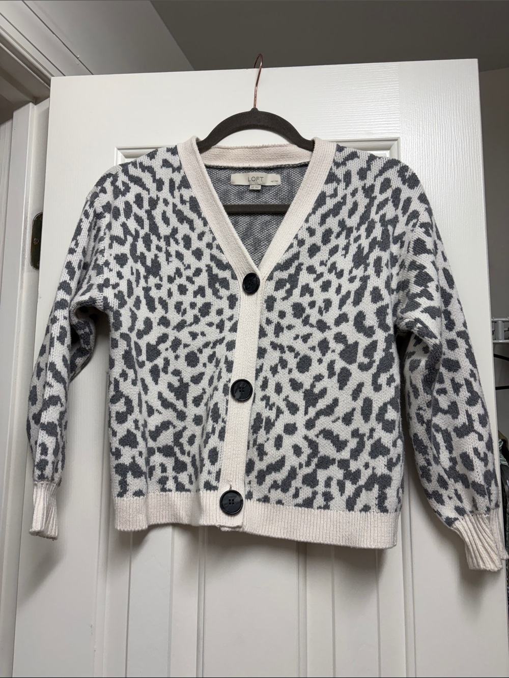 LOFT Cream and Gray Leopard V-Neck Button Cardigan